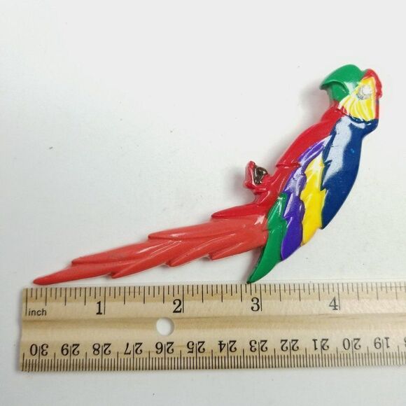 Vintage Giant Macaw Parrot Brooch, Rainbow Colorful Painted Bird Lapel Pin - Picture 5 of 7